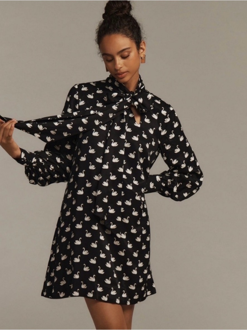 NWT Anthropologie Maeve Swan Print Tie-Neck Mini Dress